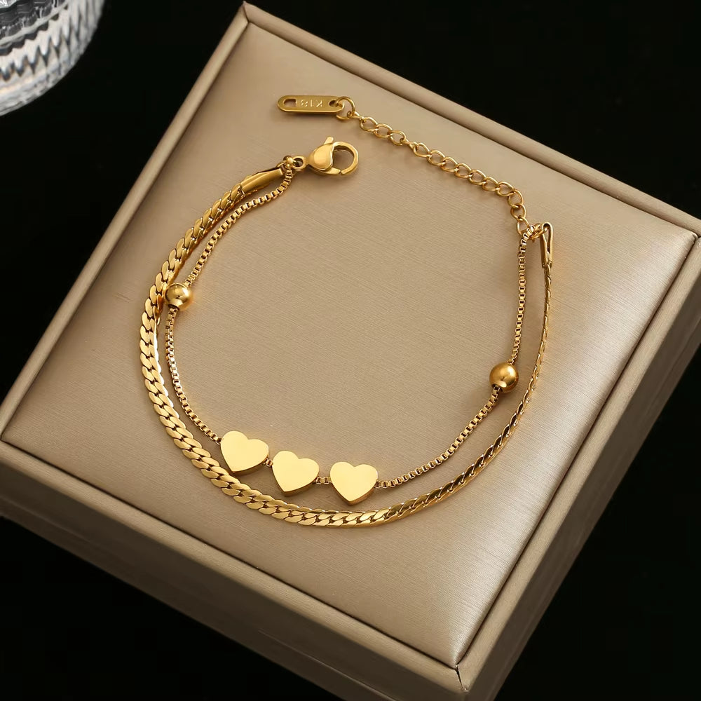 High Quality Romantic Heart Stainless Steel for Women Charm Gold Color Snake Chain Layered Bracelet Jewelry Girlfriend Gift