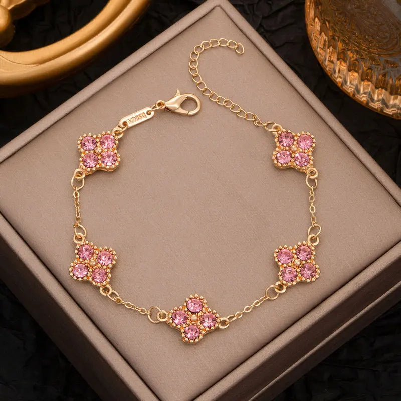 Luxury Colorful Crystal Four Leaf Clover Bracelets for Women Girls Lucky Clovers Charm Wrist Chain Fashion Brand Jewelry Bijoux