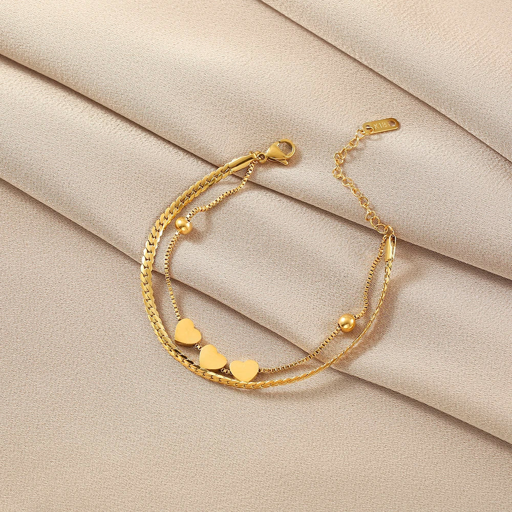 High Quality Romantic Heart Stainless Steel for Women Charm Gold Color Snake Chain Layered Bracelet Jewelry Girlfriend Gift