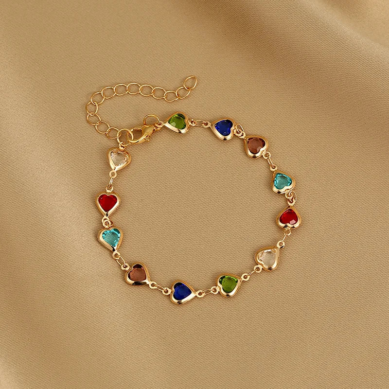 Elegant Red Crystal Zircon Metal Chain Bracelets for Women Korean Colorful Heart Bracelets Party Wedding Girl Wrist Jewelry Gift