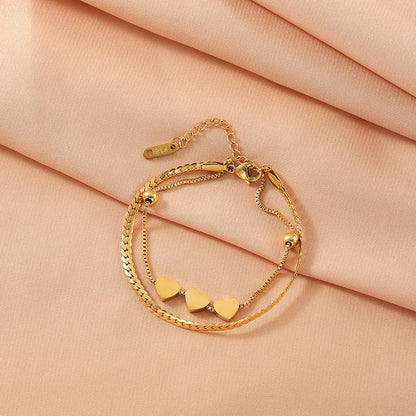 High Quality Romantic Heart Stainless Steel for Women Charm Gold Color Snake Chain Layered Bracelet Jewelry Girlfriend Gift